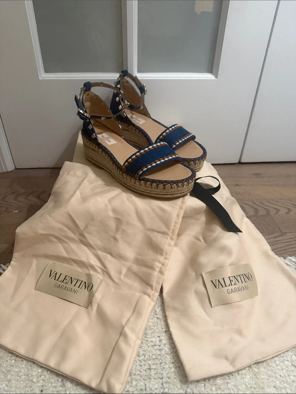 Valentino Denim Blue Espadrille Wedge Sandals with Studded Ankle Strap
